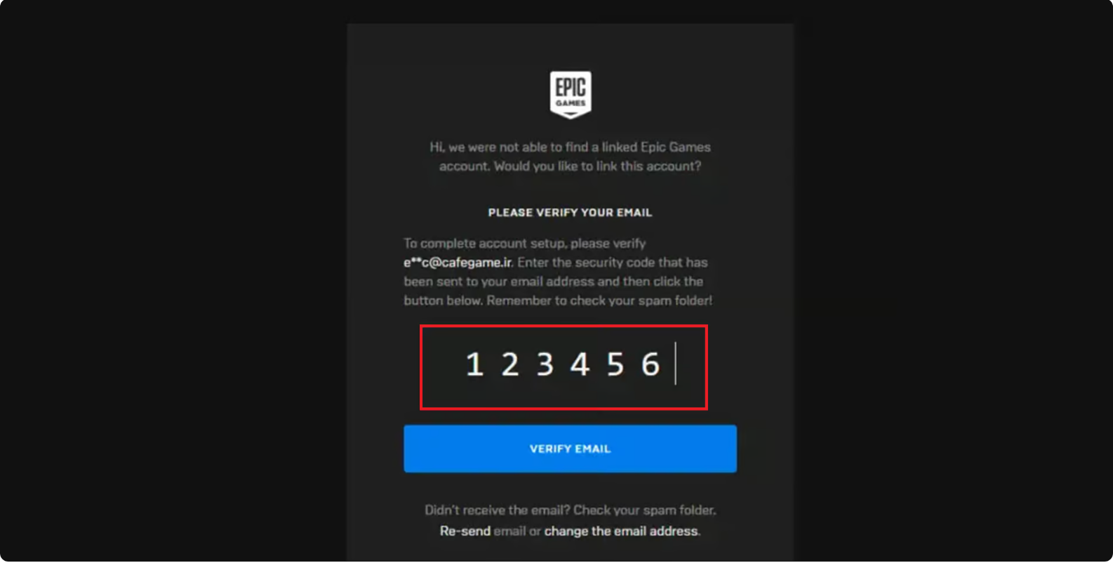 مرحله وارد کردن کد تایید ایمیل در آموزش لینک کردن اکانت Epic Games