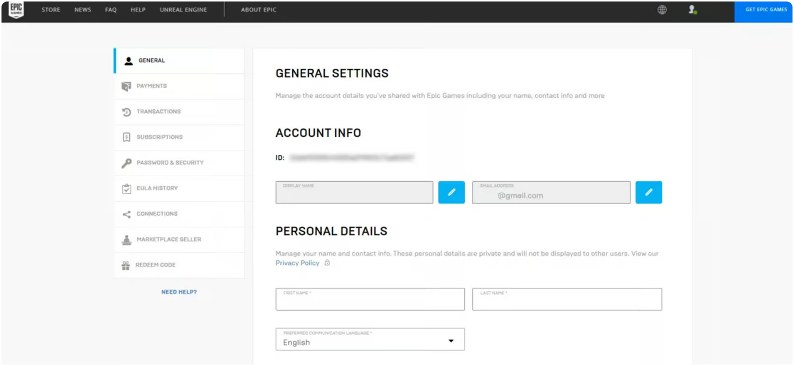 صفحه تنظیمات حساب Epic Games شامل بخش Account Info، ویرایش ایمیل، نام کاربری و منوی تنظیمات مانند Payments، Security و Connections
