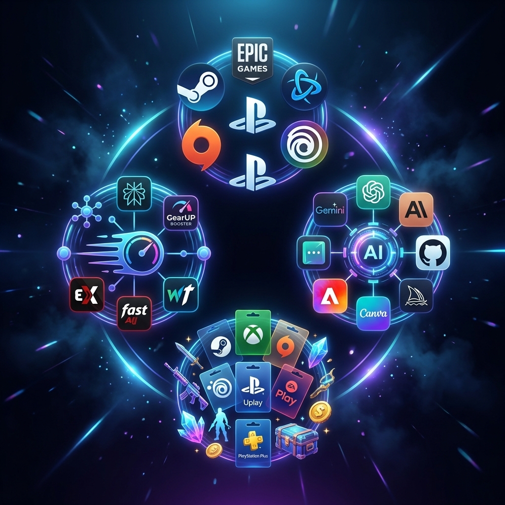 خرید بازی دیجیتال، هوش مصنوعی، سرویس کاهش پینگ و گیفت کارت شامل Steam، Epic Games، PS5، ChatGPT، Midjourney و GearUP