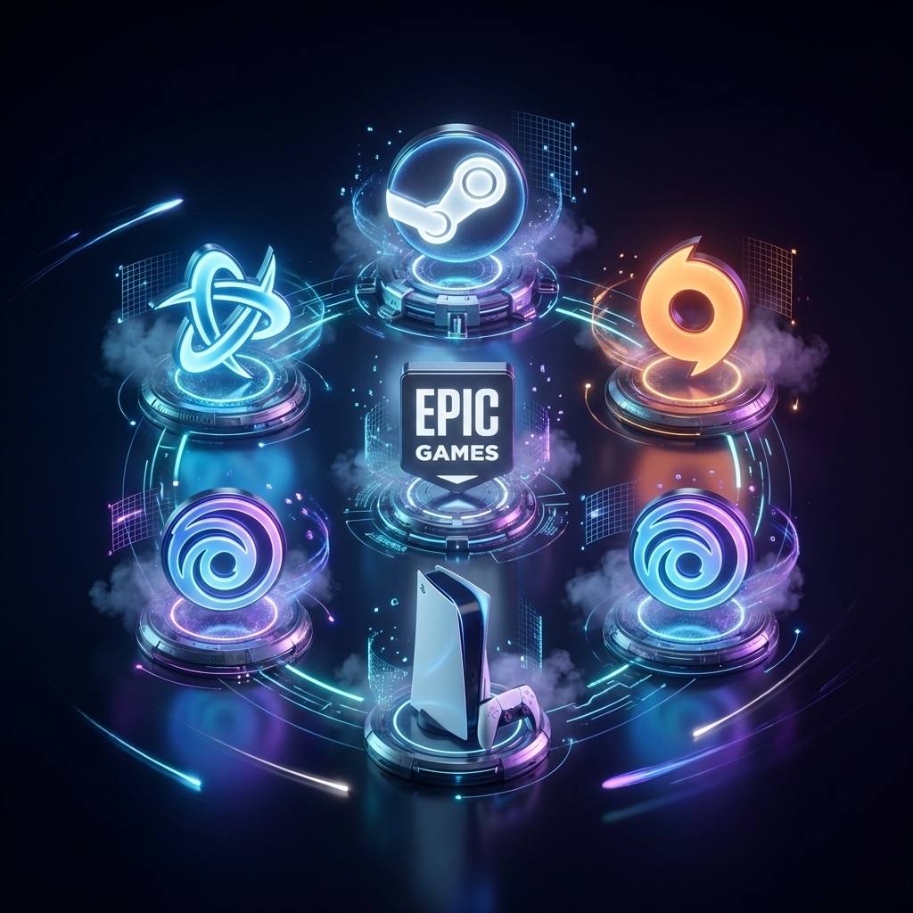 پلتفرم‌های بازی دیجیتال شامل Steam، Epic Games، Ubisoft و PlayStation