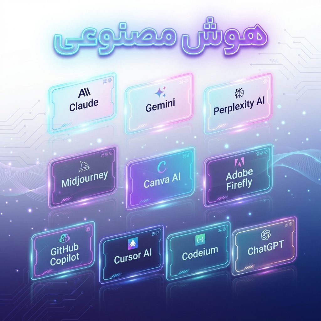 بنر سرویس‌های هوش مصنوعی شامل ChatGPT، Claude، Gemini، Perplexity AI، Midjourney، Canva AI، Adobe Firefly، GitHu Copilot، Cursor AI و Codeium