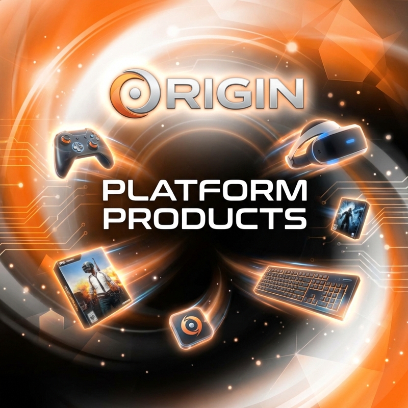 بنر محصولات Origin با نمایش لوگوی Origin و تجهیزات گیمینگ شامل کنترلر بازی، هدست واقعیت مجازی، کیبورد و بازی دیجیتال