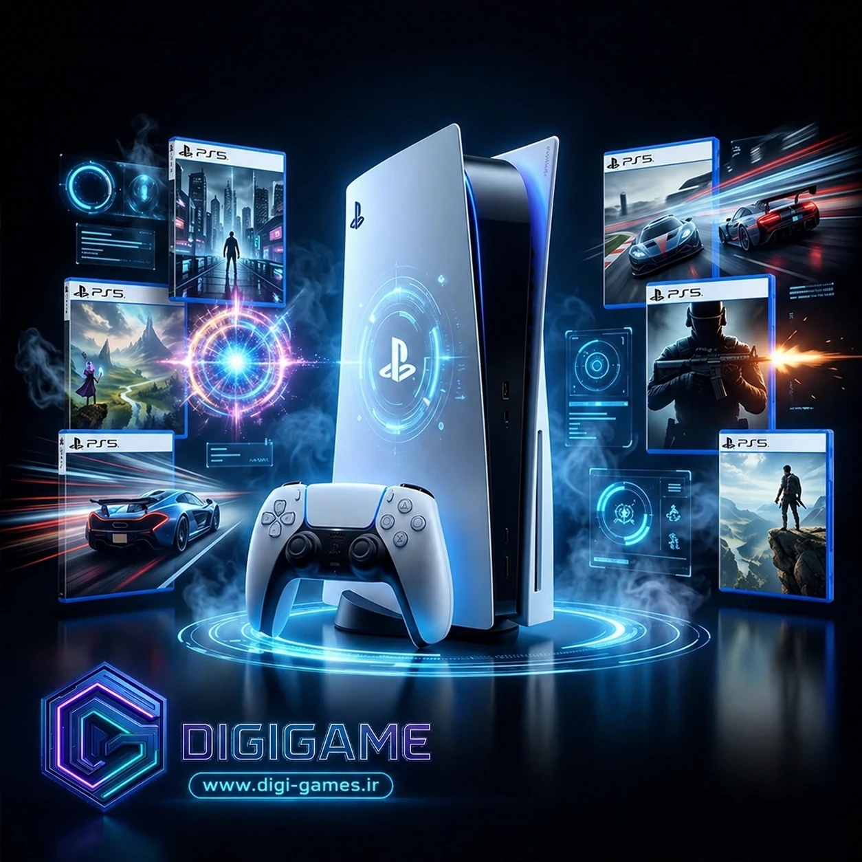تصویر کنسول PlayStation 5 به‌همراه دسته DualSense و مجموعه‌ای از بازی‌های PS5، نمایش خرید بازی‌های پلی‌استیشن ۵ نسل نهم با تحویل سریع، فعال‌سازی امن و کیفیت گرافیکی 4K و Ray Tracing