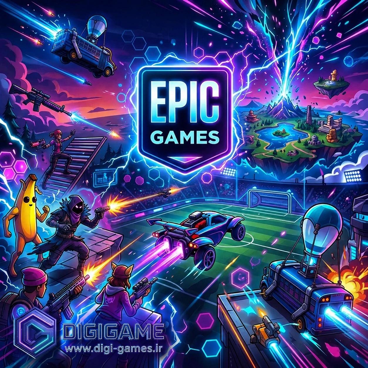 بنر محصولات Epic Games با نمایش لوگوی Epic و صحنههایی از بازیهای محبوب مانند Fortnite و Rocket League در فضای فانتزی و دیجیتال