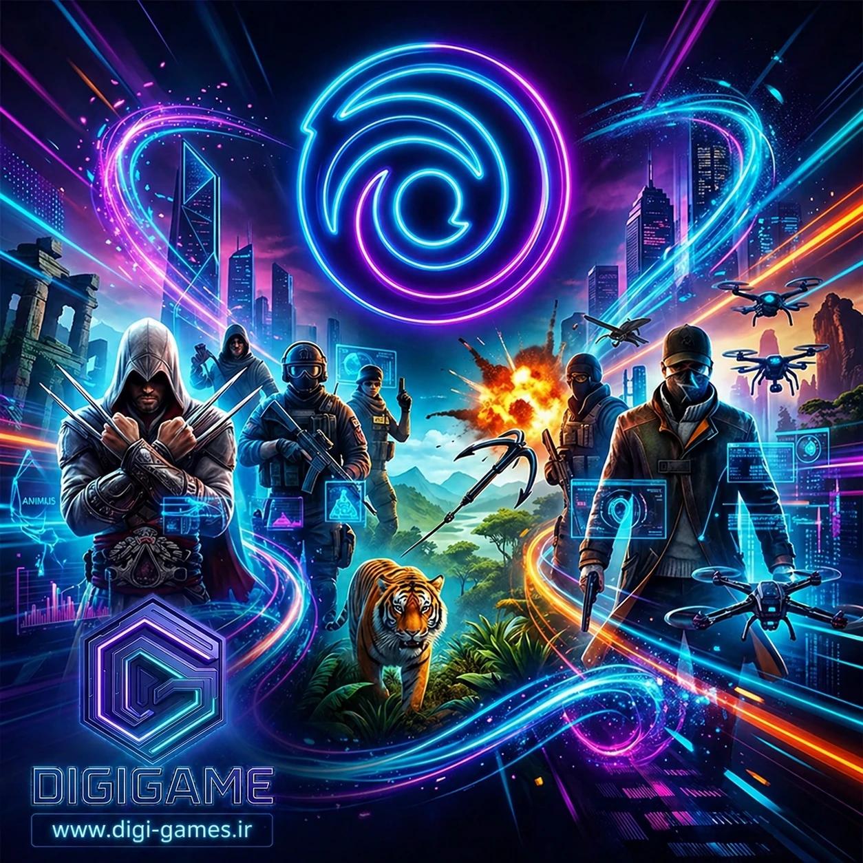 بنر محصولات Ubisoft با لوگوی یوبی‌سافت در مرکز و شخصیت‌های اکشن، مخفی‌کاری و ماجراجویی در دنیایی آینده‌نگر