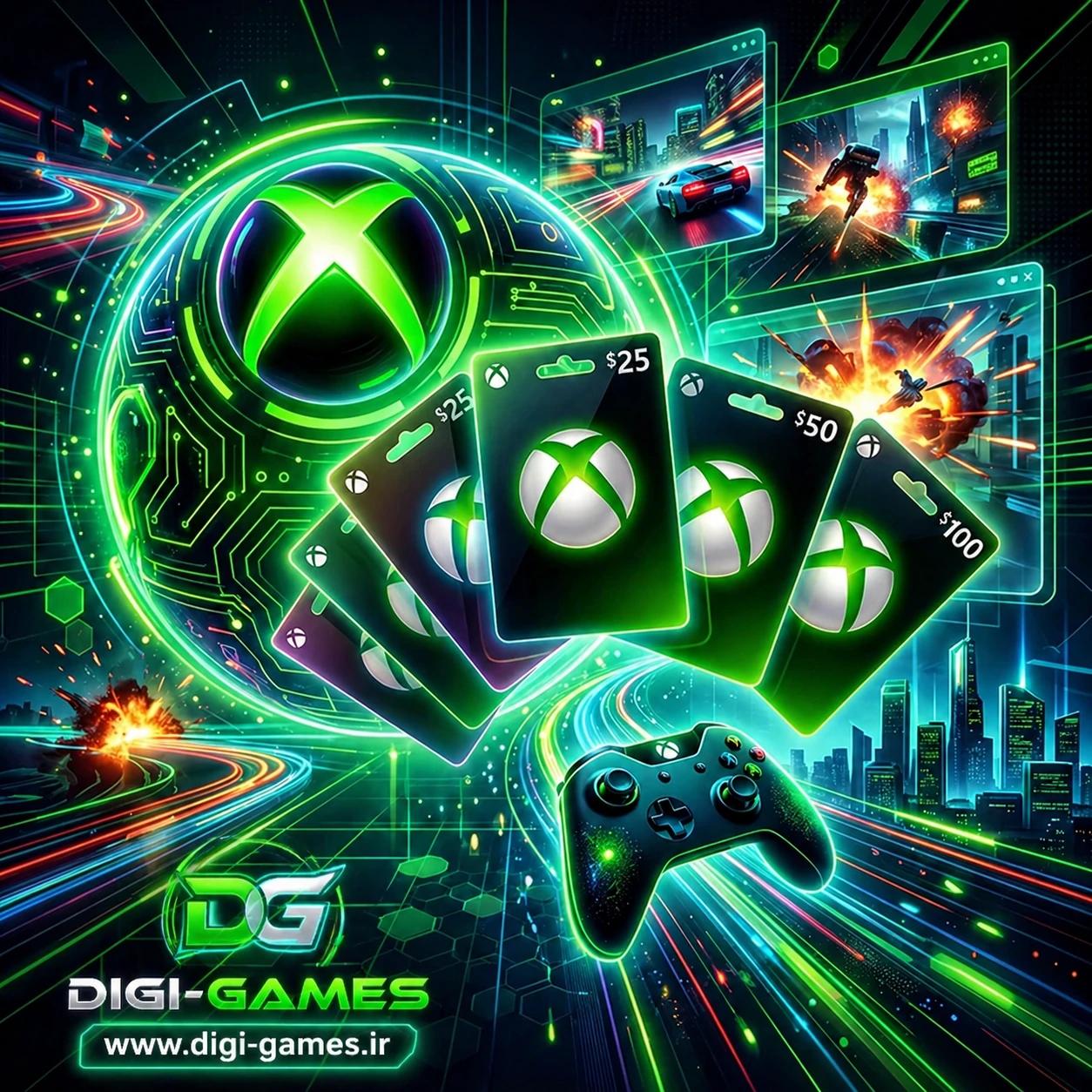 تصویر گیفت کارت Xbox با مبالغ ۲۵، ۵۰ و ۱۰۰ دلار، لوگوی ایکس باکس، کنترلر بازی و پسزمینه دیجیتالی گیمینگ مناسب خرید Xbox Gift Card