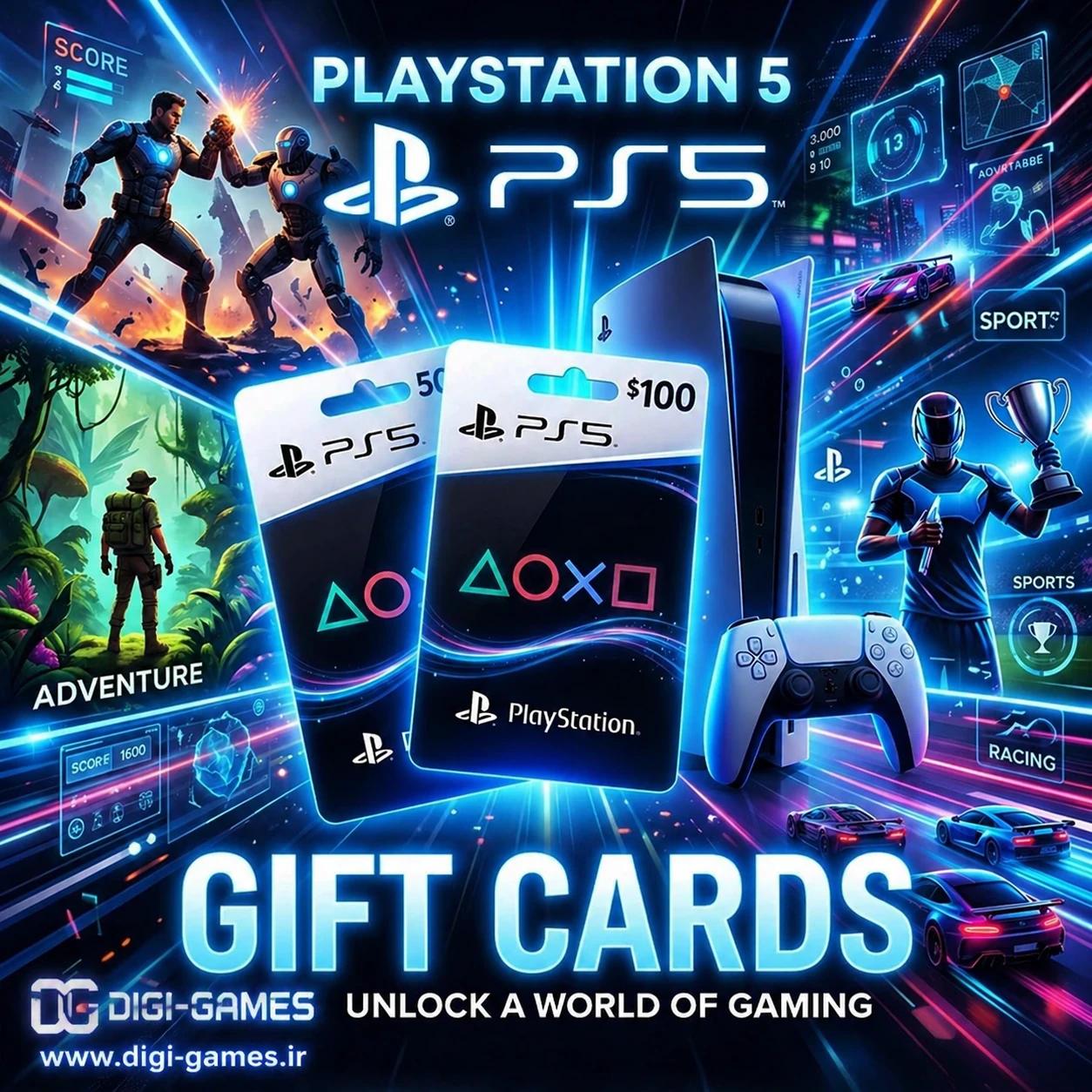 تصویر گیفت کارت PlayStation 5 با مقادیر 50 و 100 دلار، کنسول PS5، کنترلر DualSense و صحنه‌ای از بازی‌های اکشن، ورزش و مسابقه