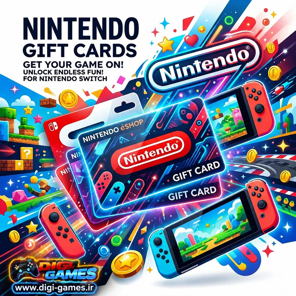تصویر گیفت کارت Nintendo eShop برای نینتندو سوئیچ همراه با کنسول Nintendo Switch، کنترلرهای Joy‑Con و المانهای دنیای بازی