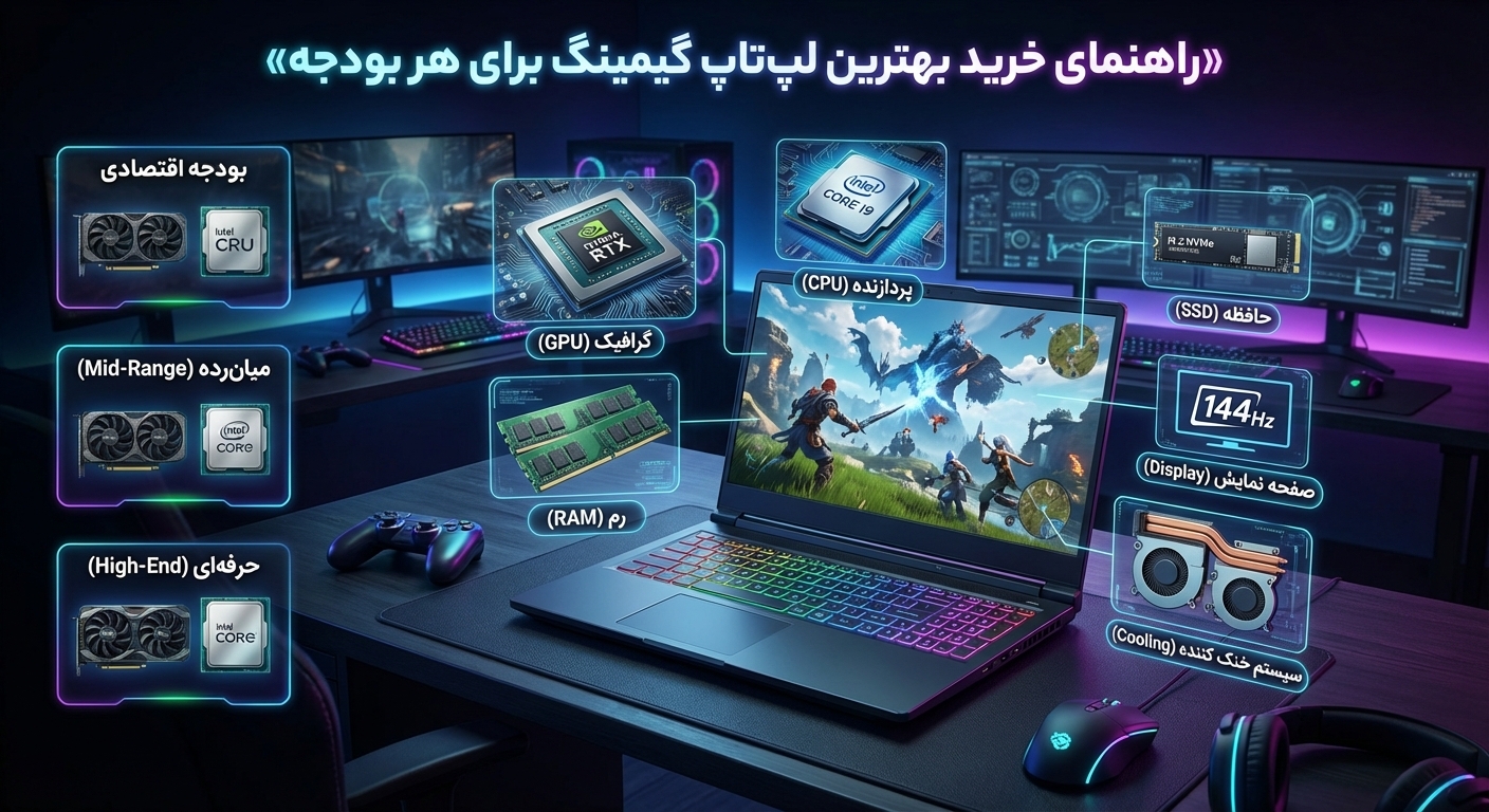 راهنمای تصویری خرید لپ‌تاپ گیمینگ برای هر بودجه؛ معرفی انواع پردازنده، گرافیک، رم، SSD و صفحه نمایش مناسب برای بازی